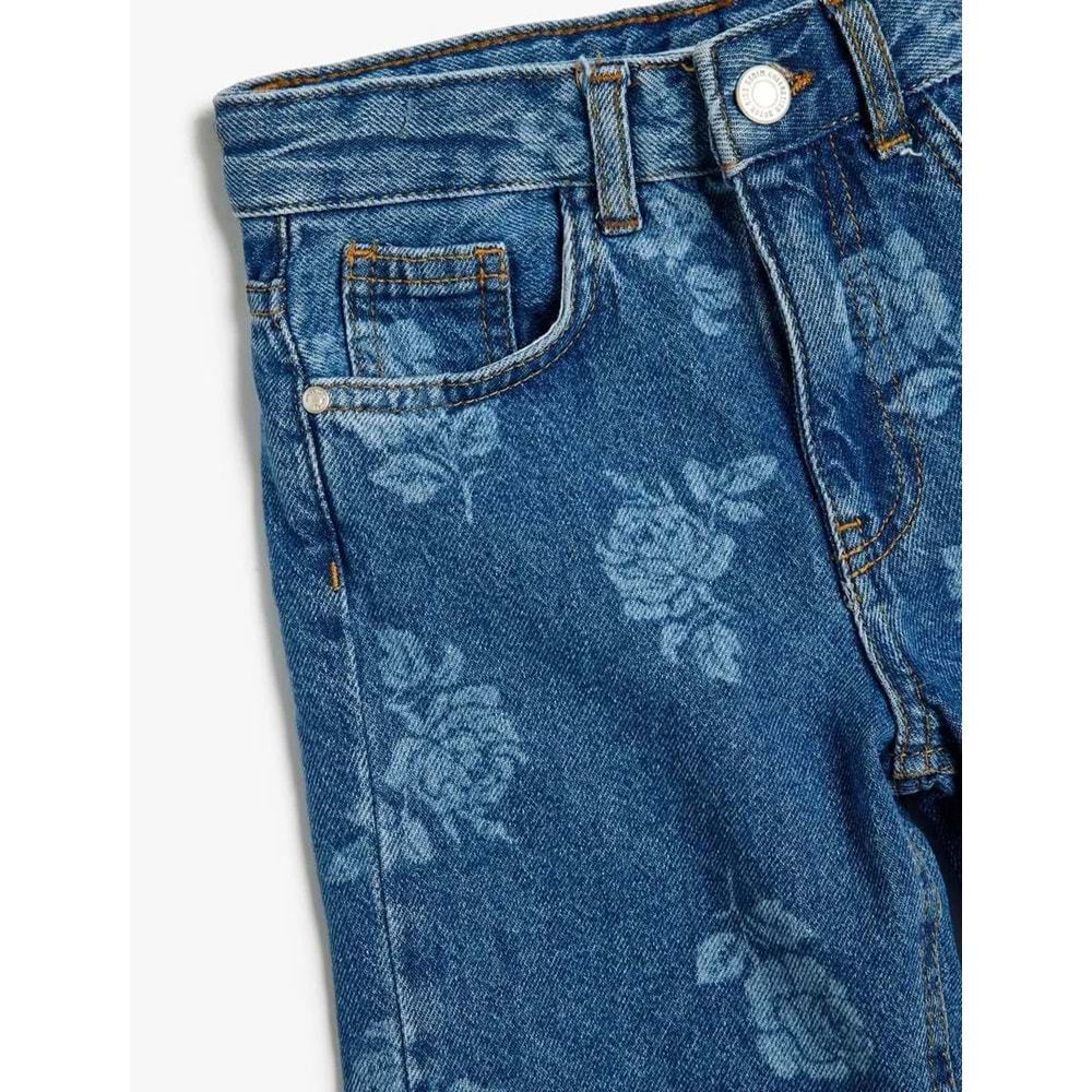 Kız Çocuk Kot Pantolon Çiçek Baskılı Cep Detaylı Pamuklu - KOTON - 5WKG40097AD - ORTA İNDİGO - 13-14 YAŞ