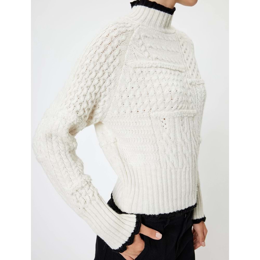 Kadın Giyim Dik Yaka Kazak Örgü Dokulu Biyeli Uzun Kollu 5WAL90069IT