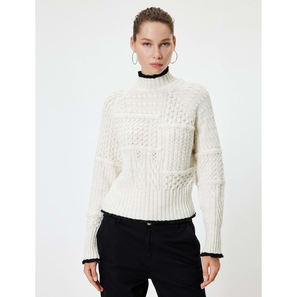 Kadın Giyim Dik Yaka Kazak Örgü Dokulu Biyeli Uzun Kollu 5WAL90069IT