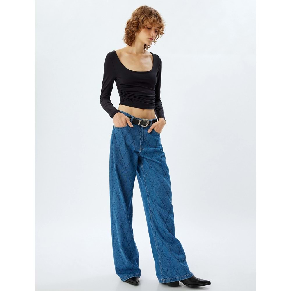 Geniş Paça Kot Pantolon Standart Bel Taşlı 5WAL40155MD - KOTON - ORTA İNDİGO - 29/32