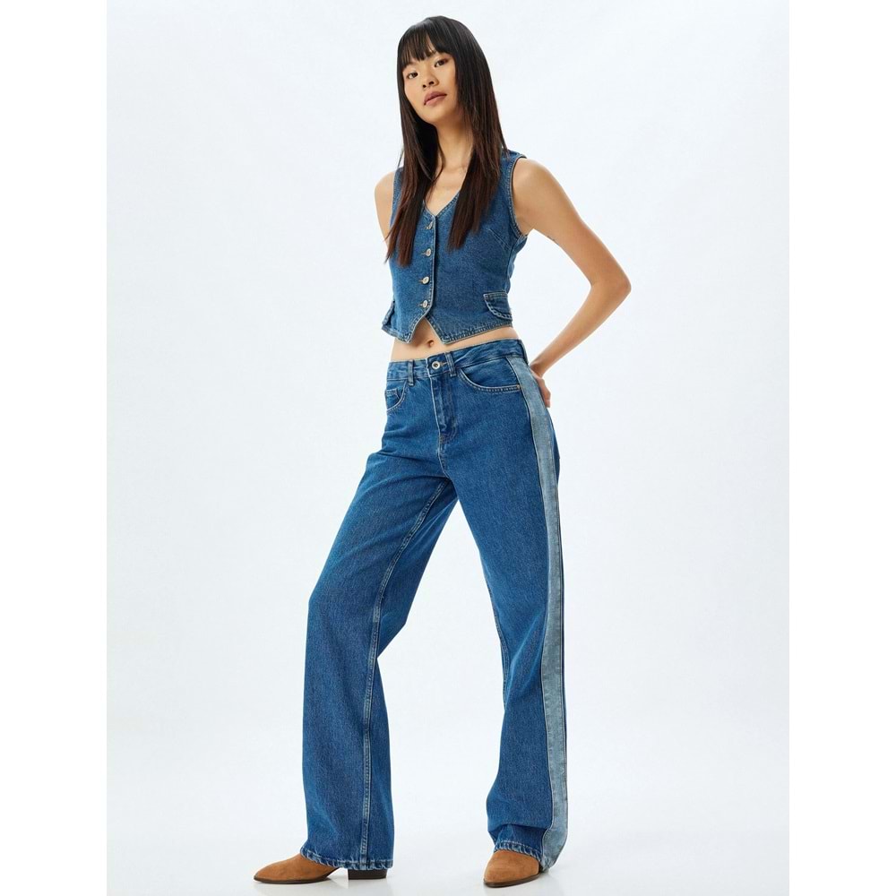 Düz Paça Kot Pantolon Renk Bloklu Yüksek Bel 5WAL40194MD - KOTON - ORTA İNDİGO - 30/32