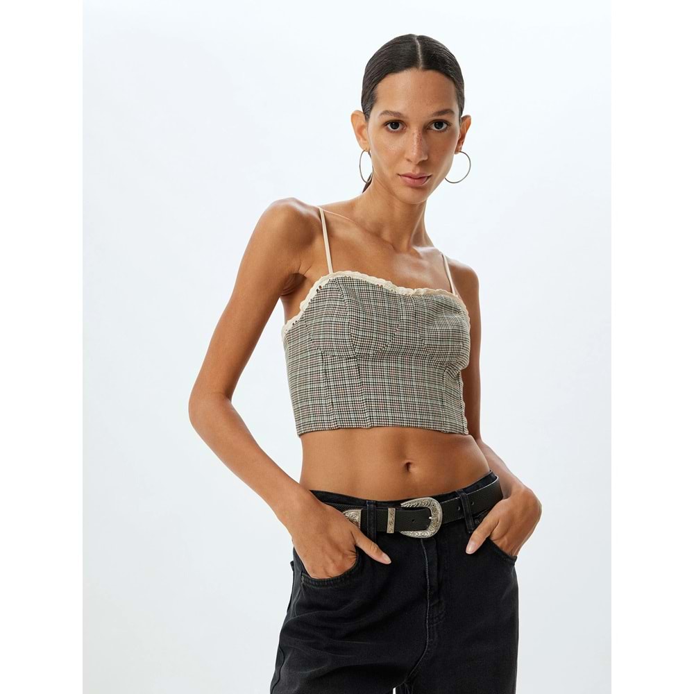 Kalp Yaka Dantel Detaylı Askılı Ekose Crop Büstiyer 5WAK30002EW - KOTON - KAHVERENGİ - 40
