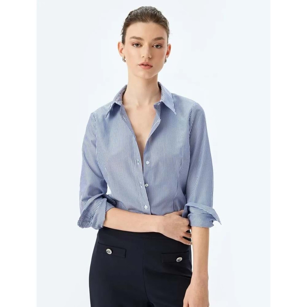 Klasik Yaka Uzun Kollu Slim Fit Gömlek 5SAK60041UW - KOTON - LACİVERT - 36