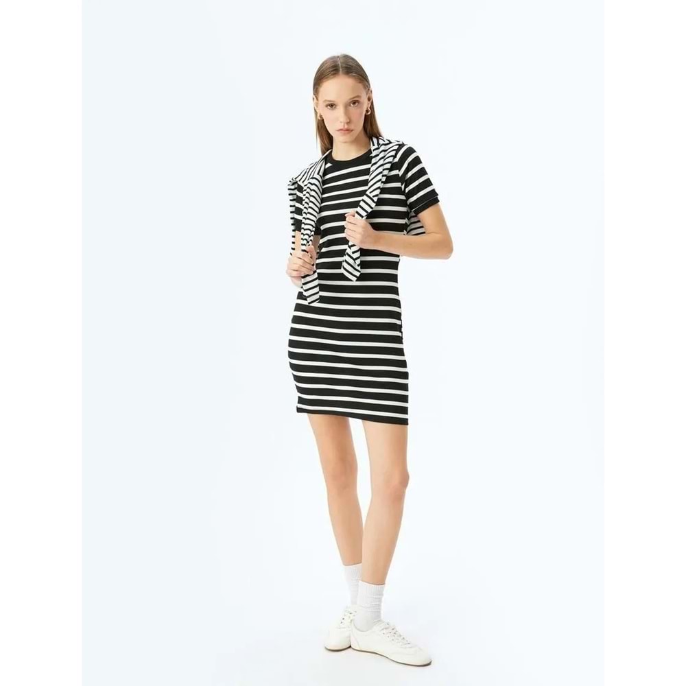 Bisiklet Yaka Kısa Kollu Fitilli Mini Bodycon Elbise 5SAL80042IK - KOTON - SİYAH - S