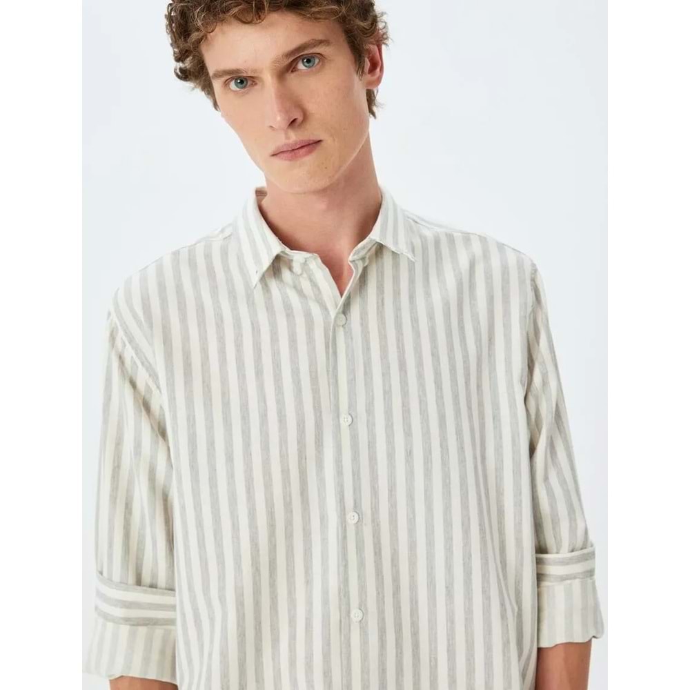 Düğmeli Gömlek Yaka Slim Fit Çizgili Gömlek 5SAM60004HW - KOTON - GRİ - XL