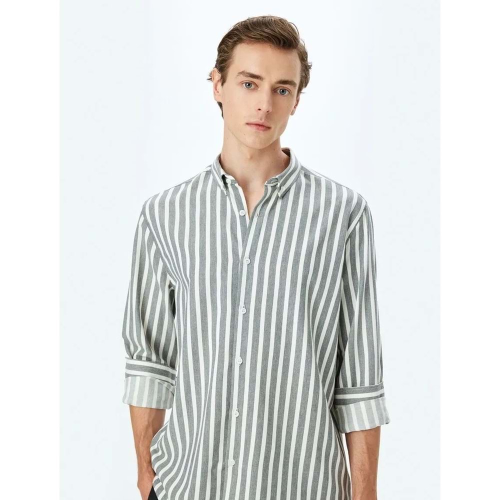 Çizgili Uzun Kollu Düğmeli Yaka Slim Fit Gömlek 5SAM60023HW - KOTON - KAHVERENGİ - M