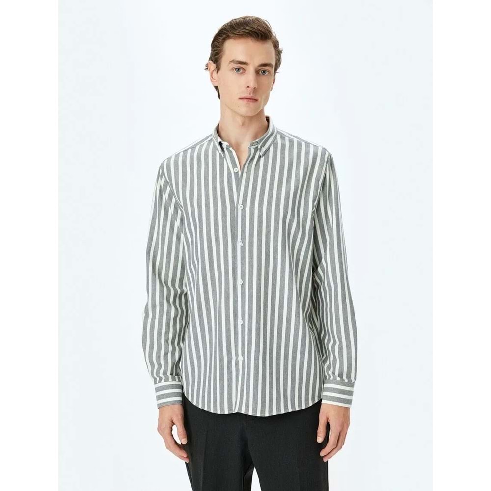 Çizgili Uzun Kollu Düğmeli Yaka Slim Fit Gömlek 5SAM60023HW - KOTON - KAHVERENGİ - M