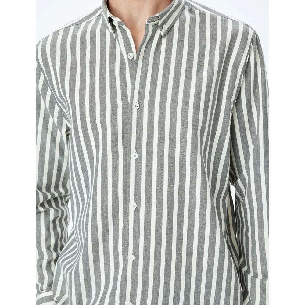 Çizgili Uzun Kollu Düğmeli Yaka Slim Fit Gömlek 5SAM60023HW - KOTON - KAHVERENGİ - M