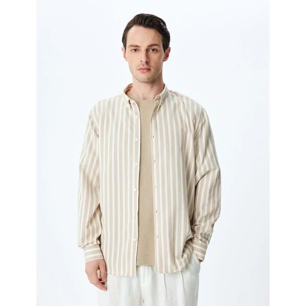 Çizgili Uzun Kollu Düğmeli Yaka Slim Fit Gömlek 5SAM60023HW