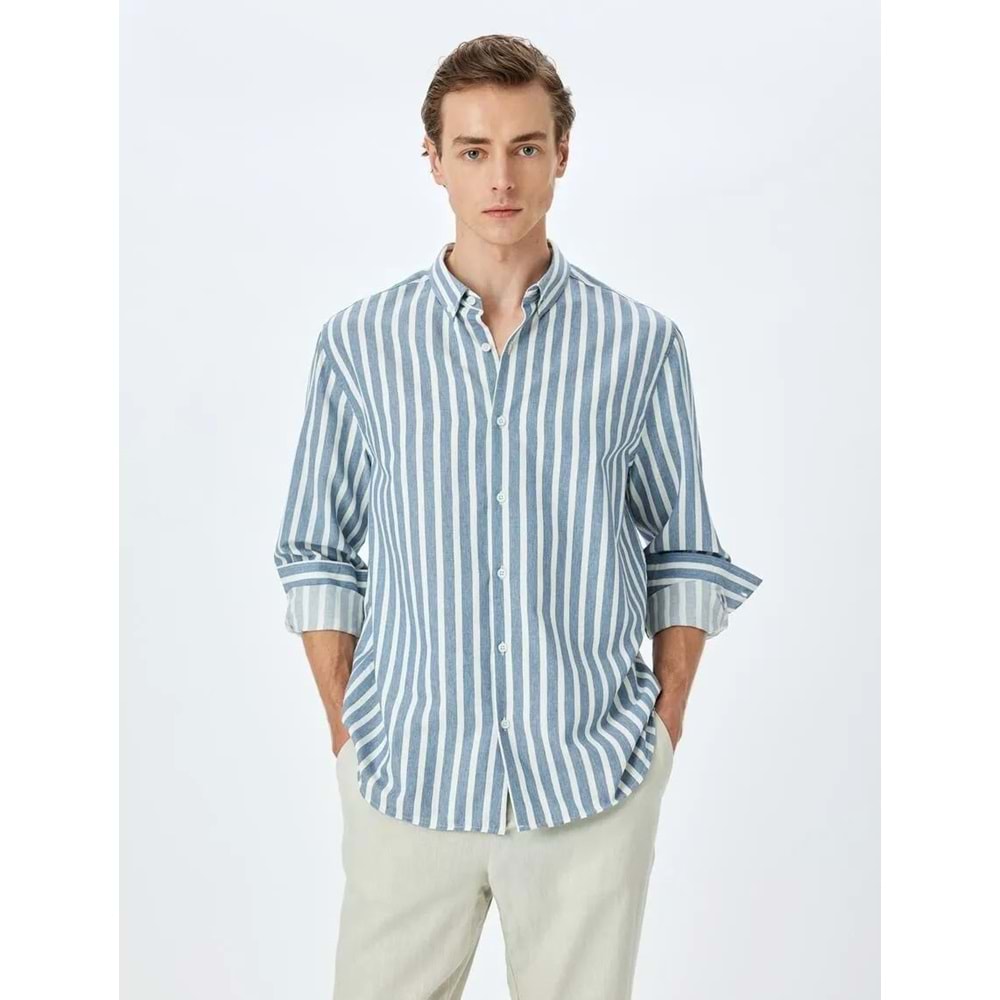 Çizgili Uzun Kollu Düğmeli Yaka Slim Fit Gömlek 5SAM60023HW - KOTON - LACİVERT - M