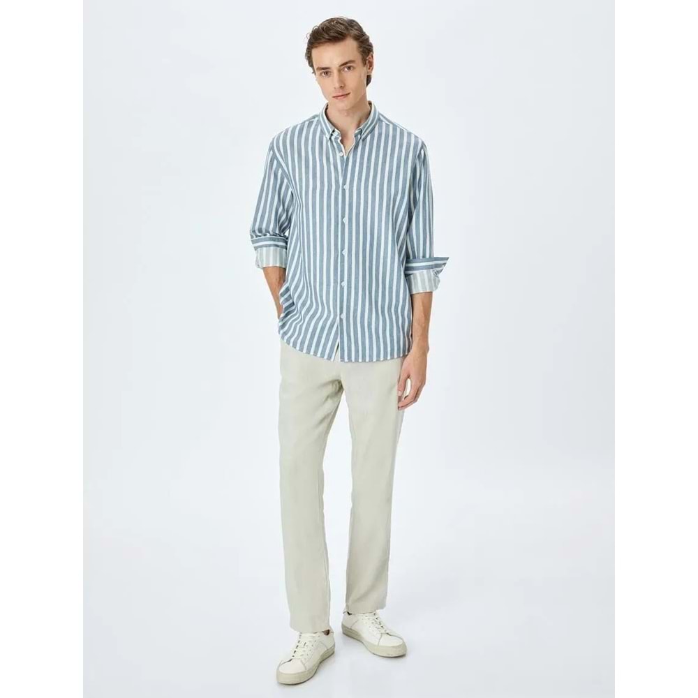 Çizgili Uzun Kollu Düğmeli Yaka Slim Fit Gömlek 5SAM60023HW - KOTON - LACİVERT - M