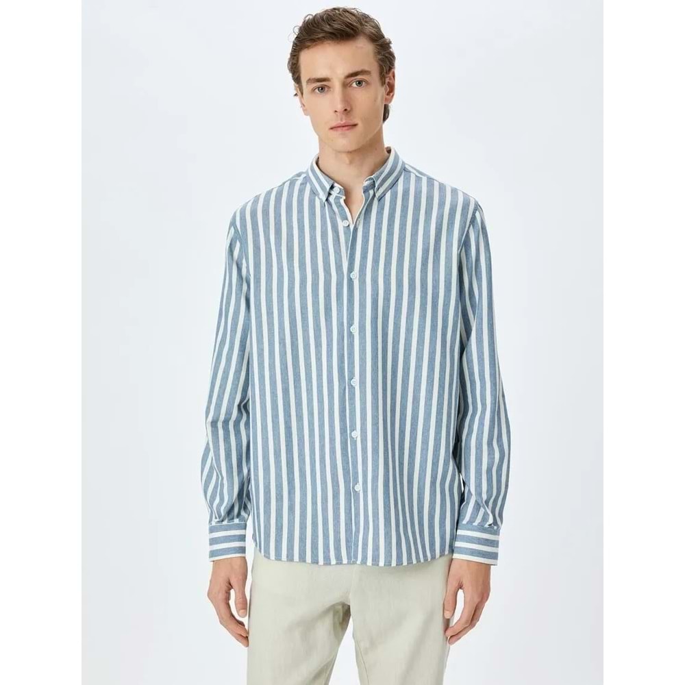 Çizgili Uzun Kollu Düğmeli Yaka Slim Fit Gömlek 5SAM60023HW - KOTON - LACİVERT - M