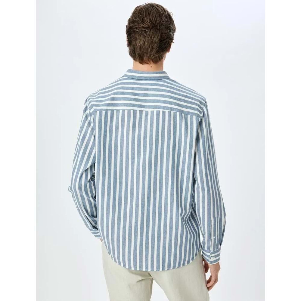 Çizgili Uzun Kollu Düğmeli Yaka Slim Fit Gömlek 5SAM60023HW - KOTON - LACİVERT - M