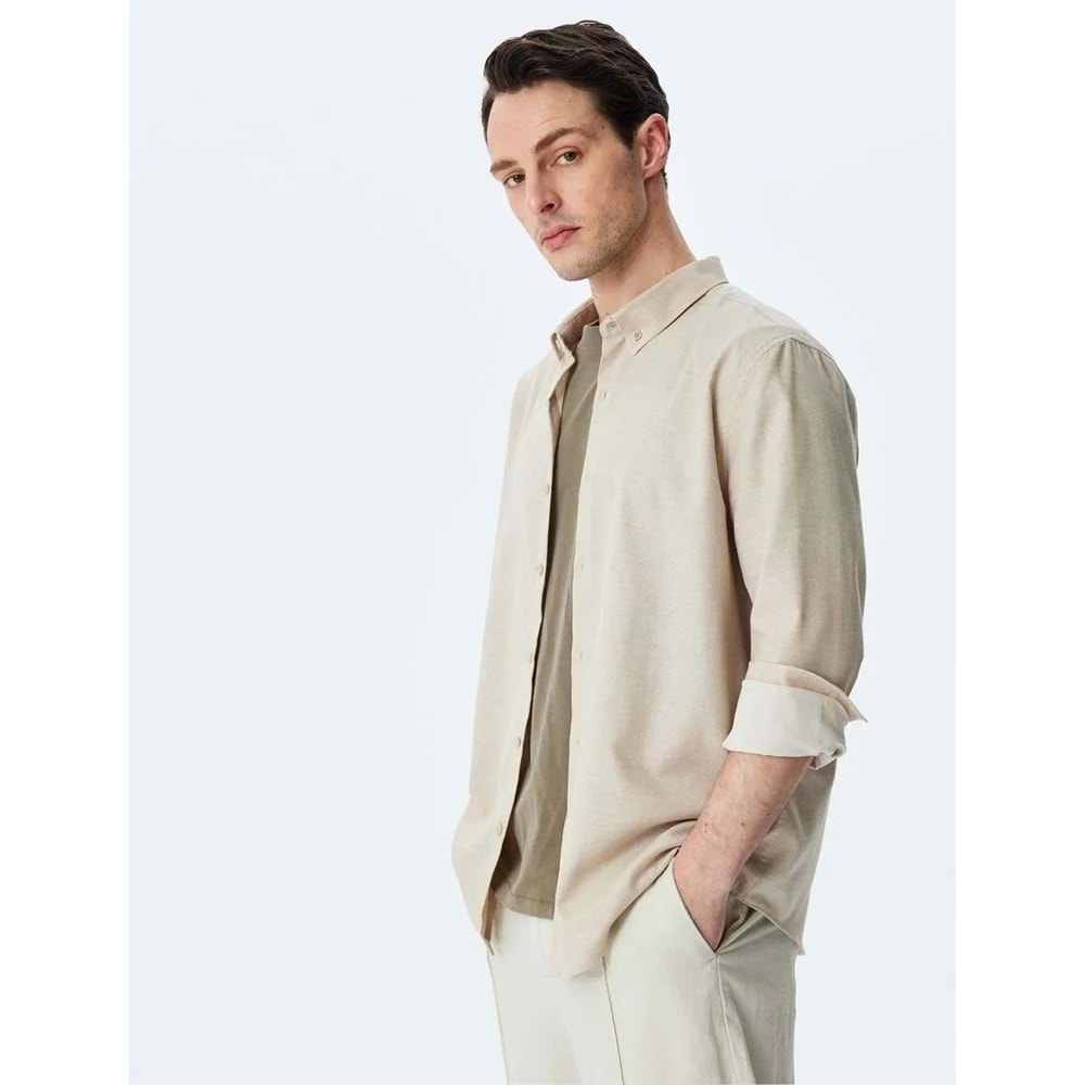 Düğmeli Yaka Klasik Slim Fit Gömlek 5SAM60054HW - KOTON - BEJ - L