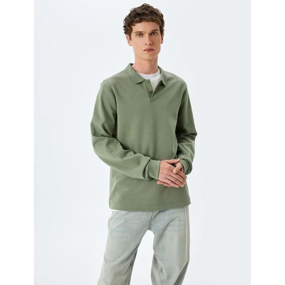 Pamuklu İnterlok Kumaş Polo Yaka Sweatshirt 5SAM70003MK - KOTON - HAKİ - L