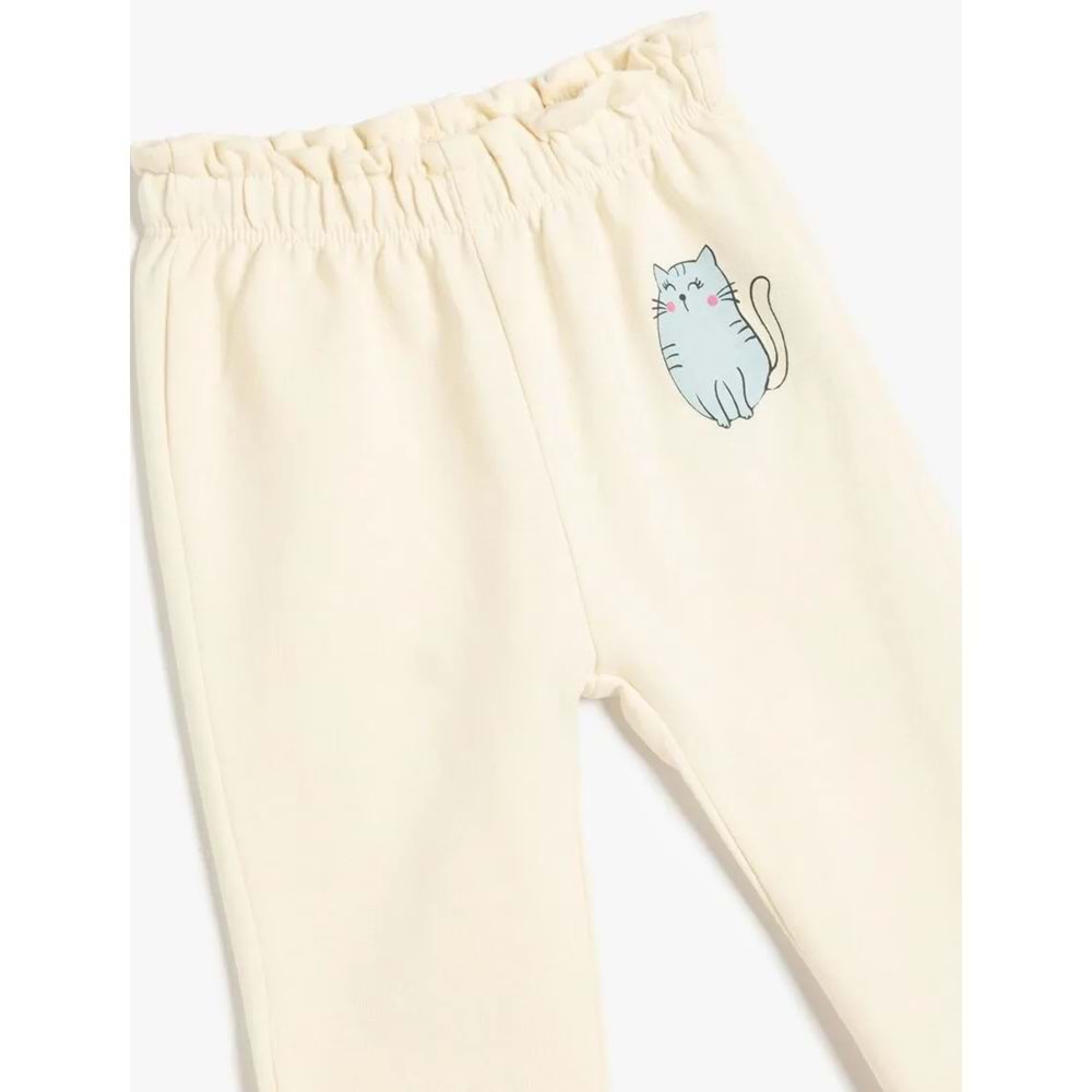 Kız Bebek Jogger Eşofman Altı Kedi Baskılı Beli Bağcıklı 5SMG40029AK - KOTON - BEJ - 12-18 AY
