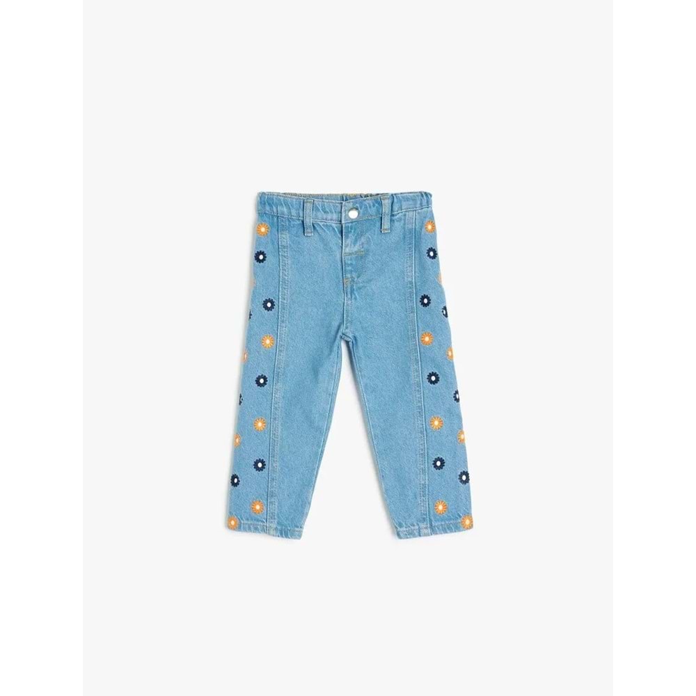 Kız Bebek Nakış Detaylı Pamuklu Denim Pantolon 5SMG40007AD - KOTON - AÇIK İNDİGO - 12-18 AY