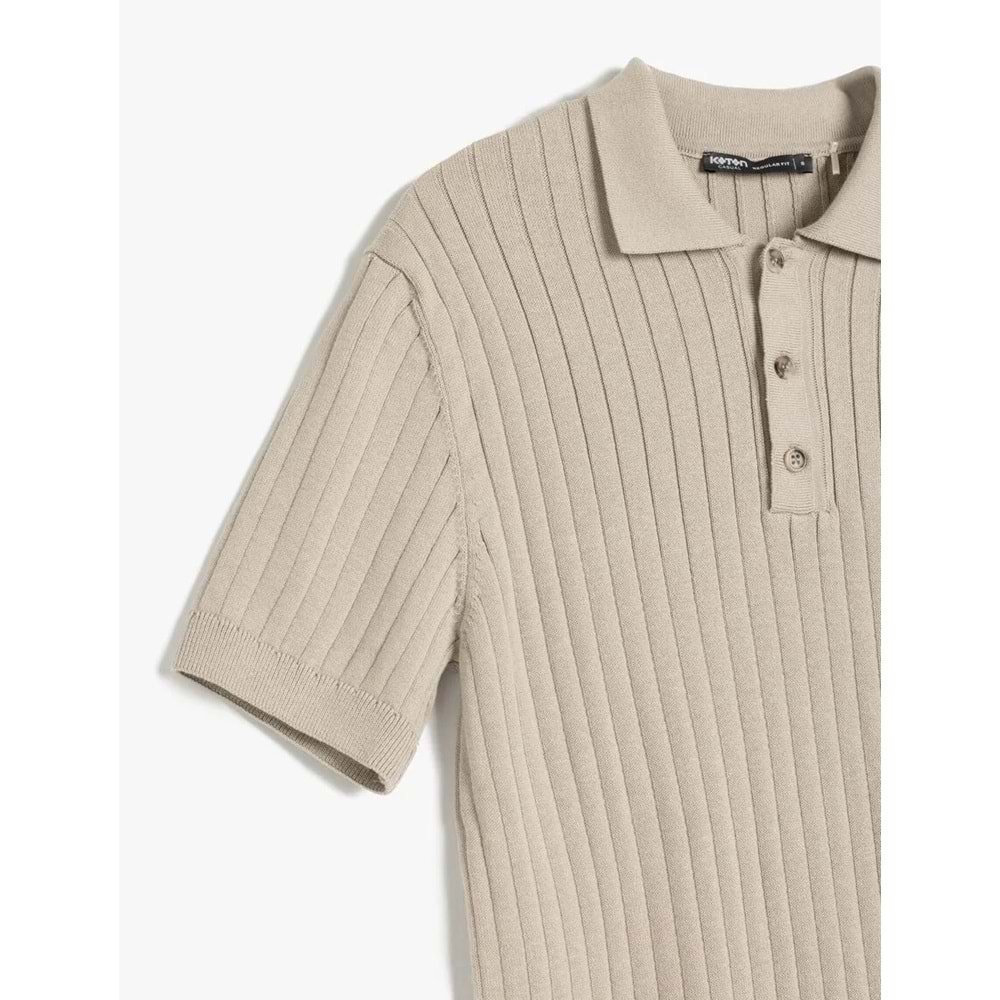Polo Yaka Pamuklu Dokulu Kısa Kollu Triko Kazak 5SAM70009HT - KOTON - BEJ - L