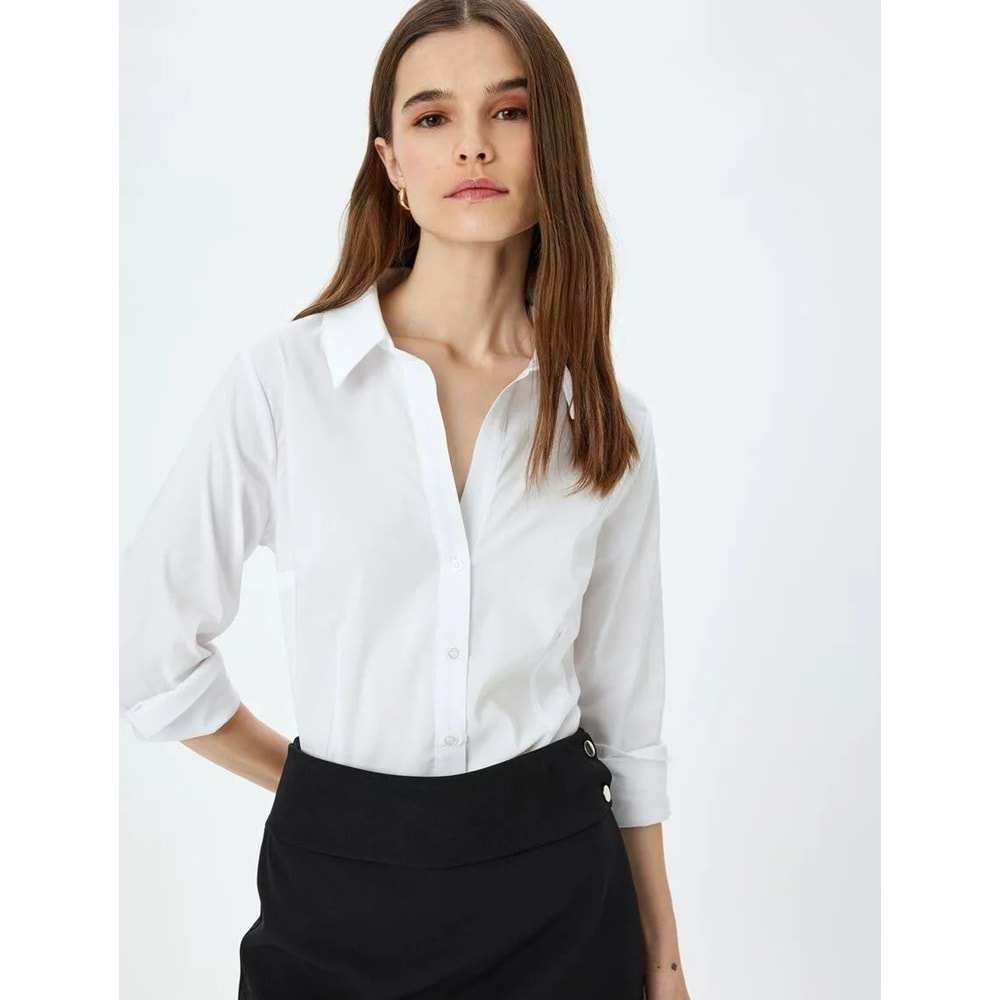 Klasik Yaka Uzun Kollu Slim Fit Gömlek 5SAK60046UW - KOTON - BEYAZ - 44