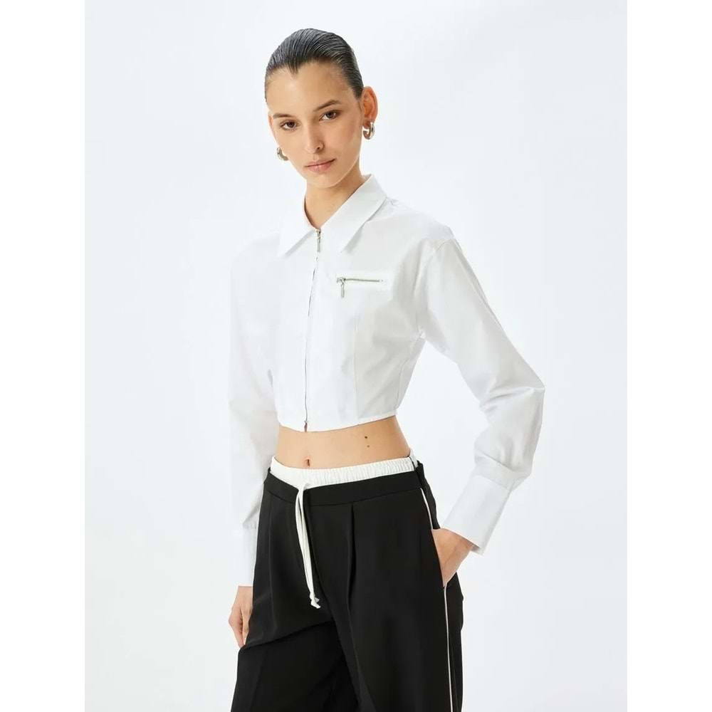 Slim Fit Klasik Yaka Crop Fermuarlı Gömlek 5SAK60136PW - KOTON - BEYAZ - 36