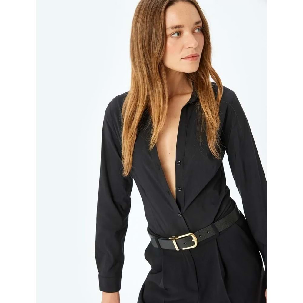 Uzun Kollu Slim Fit Klasik Poplin Gömlek 5SAK60158UW - KOTON - SİYAH - 34
