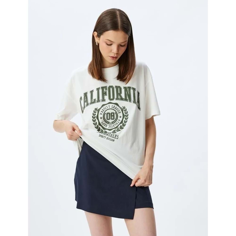 Oversize Kolej Baskılı Bisiklet Yaka Kısa Kollu Pamuklu Tişört 5SAL10059IK