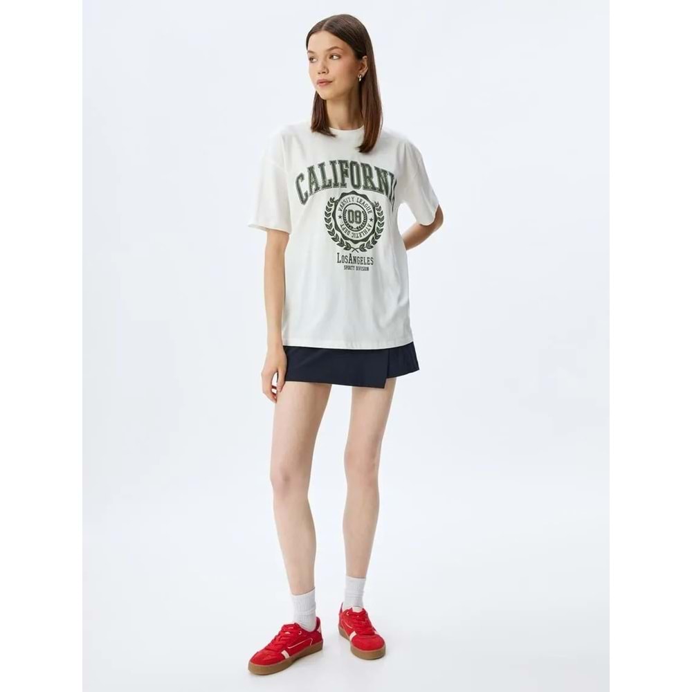 Oversize Kolej Baskılı Bisiklet Yaka Kısa Kollu Pamuklu Tişört 5SAL10059IK