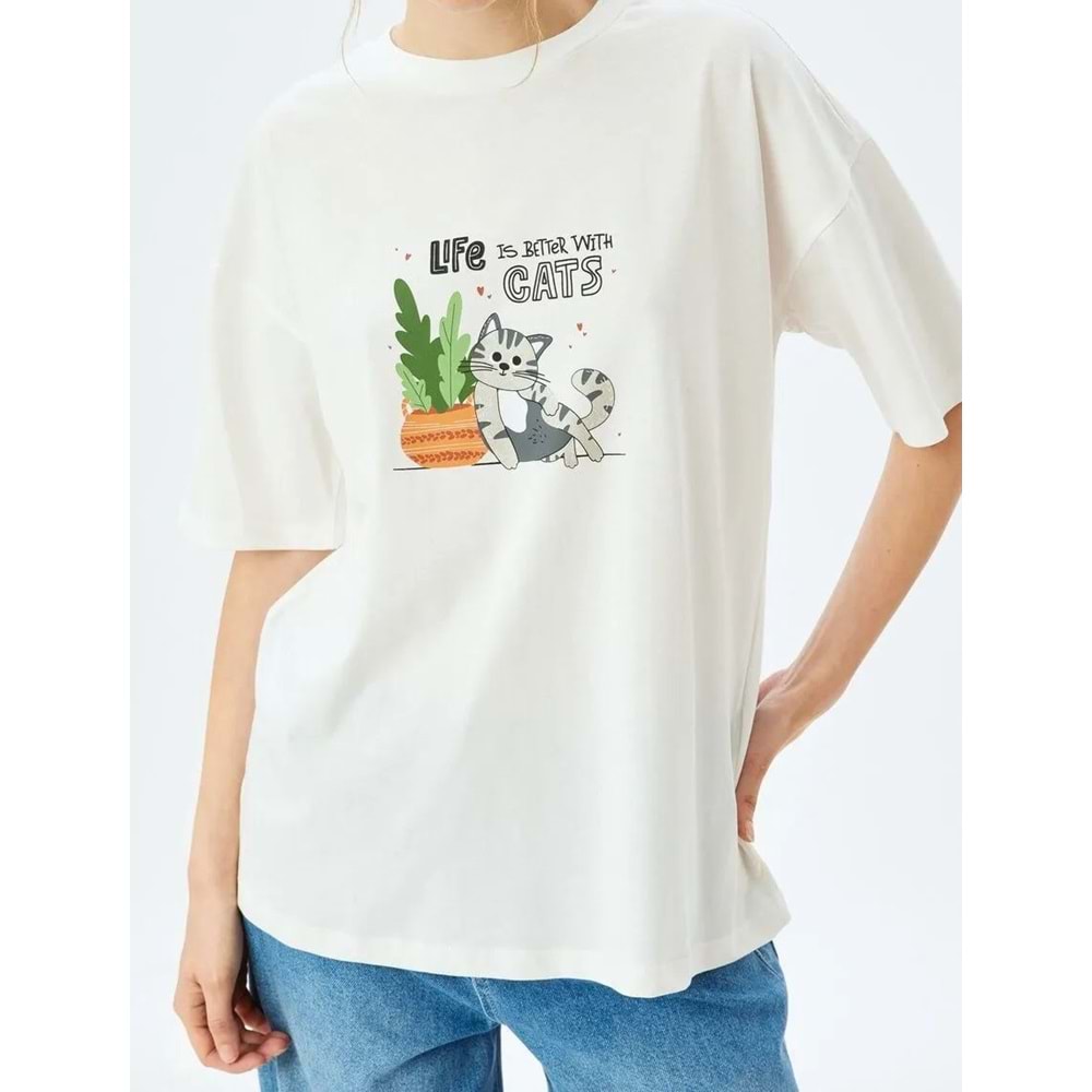 Kedi Baskılı Sloganlı Bisiklet Yaka Kısa Kollu Tişört 5SAL10222IK