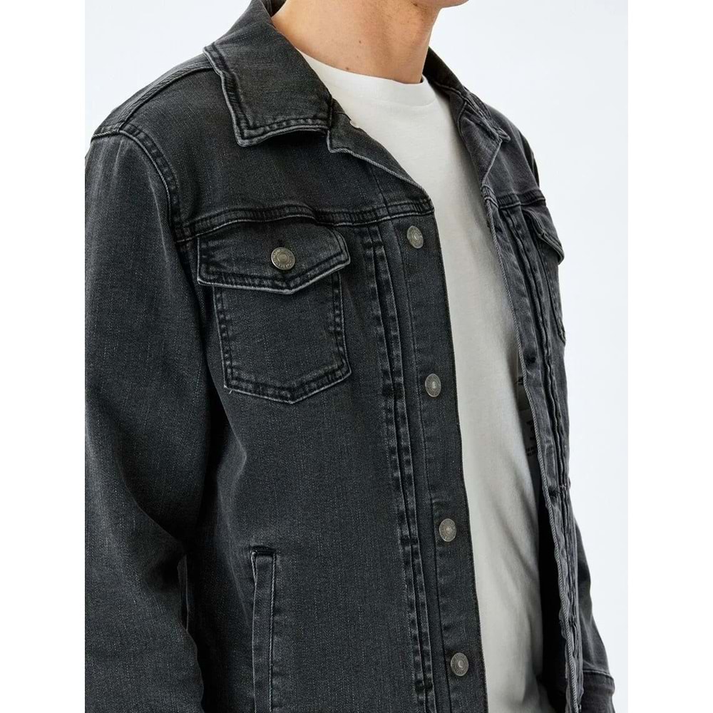 Kapaklı Cep Detaylı Düğmeli Pamuklu Klasik Jean Ceket 5SAM50003ND