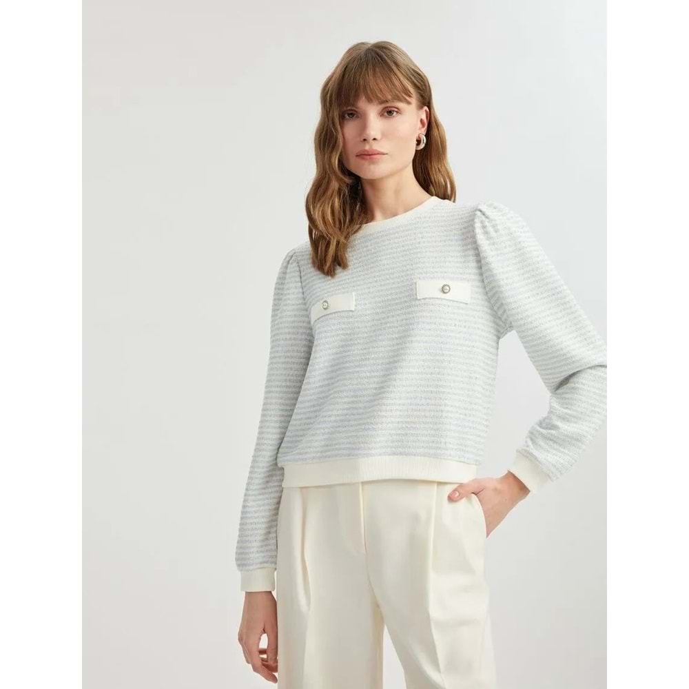 Bisiklet Yaka Çizgili Sweatshirt - KOTON - MAVİ - XS