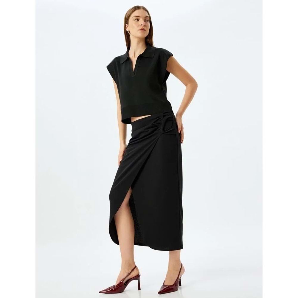 Midi Boy Asimetrik Kruvaze Etek 5SAK10037EK - KOTON - SİYAH - S