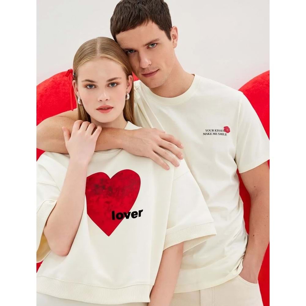 Kısa Kollu Bisiklet Yaka Kalpli Oversize Sweatshirt 5SAK10310EK - KOTON - EKRU - XL