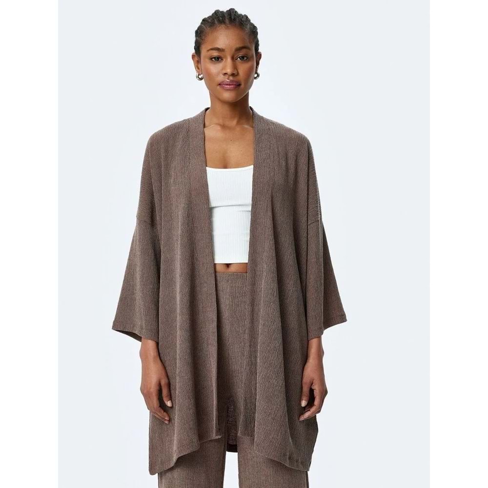 Kadın Giyim Viskon Karışımlı Rahat Kalıp Geniş Uzun Kollu Kimono 5SAK30054EK - KOTON - KAHVERENGİ - S