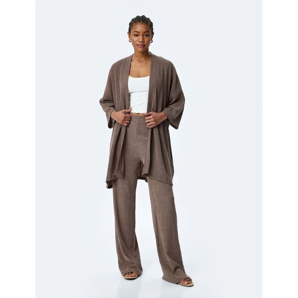Kadın Giyim Viskon Karışımlı Rahat Kalıp Geniş Uzun Kollu Kimono 5SAK30054EK - KOTON - KAHVERENGİ - S