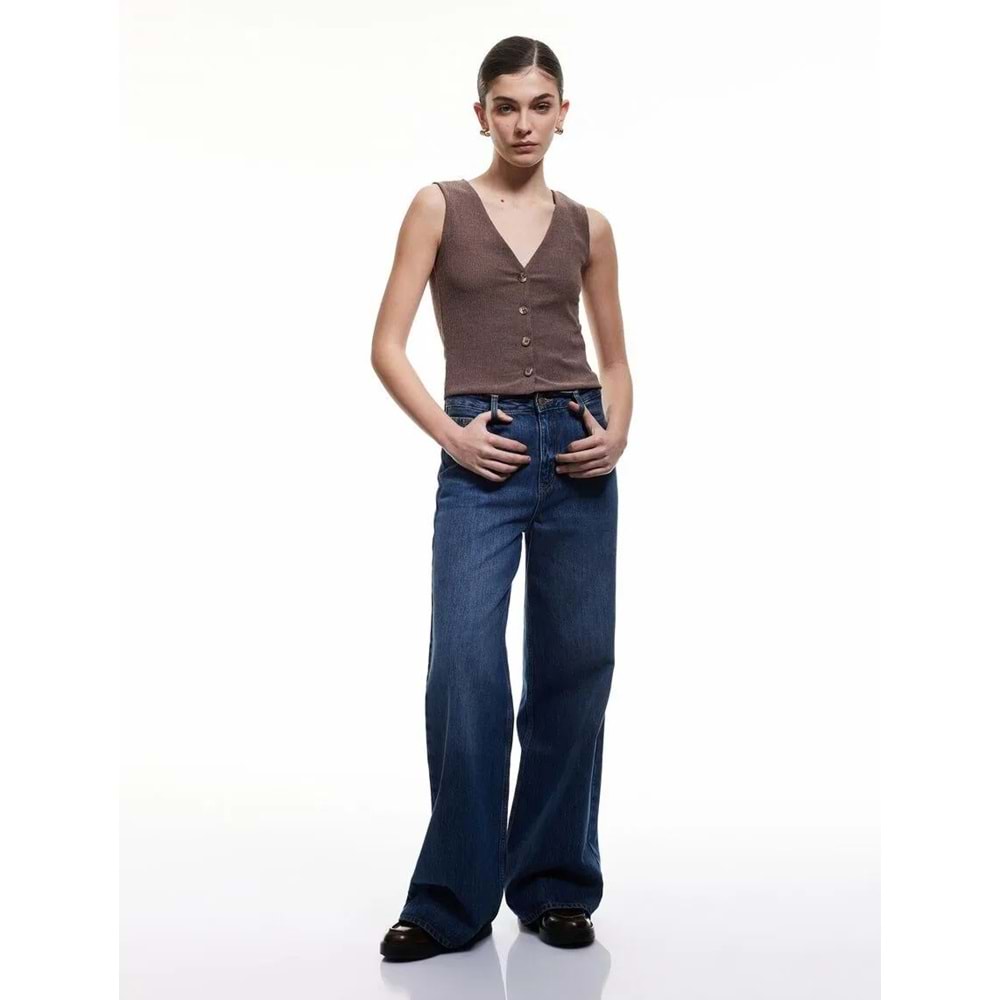 Kadın Giyim Slim Fit Kolsuz Düğmeli V Yaka Yelek 5SAK30059EK - KOTON - KAHVERENGİ - XL
