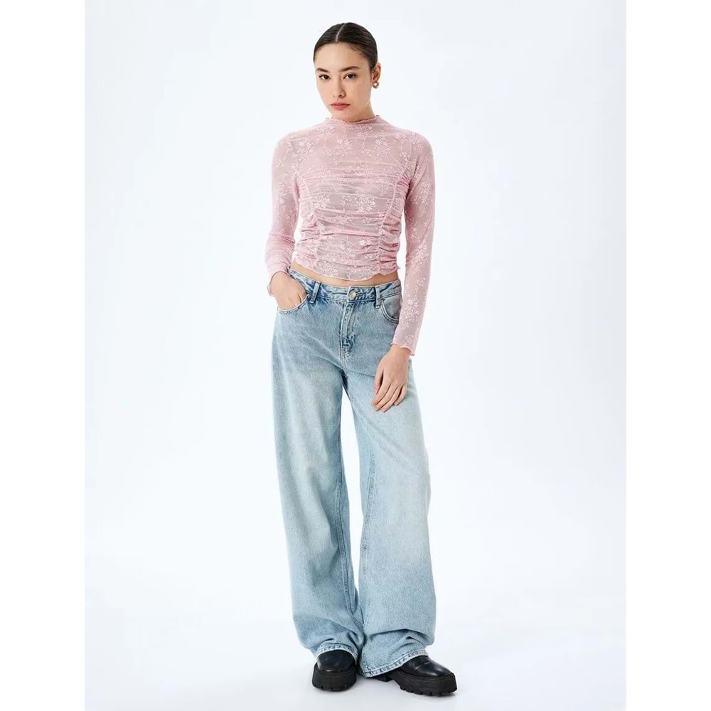 Drapeli Slim Fit Uzun Kollu Dantelli Tişört 5SAL10442IK - KOTON - PEMBE - XS
