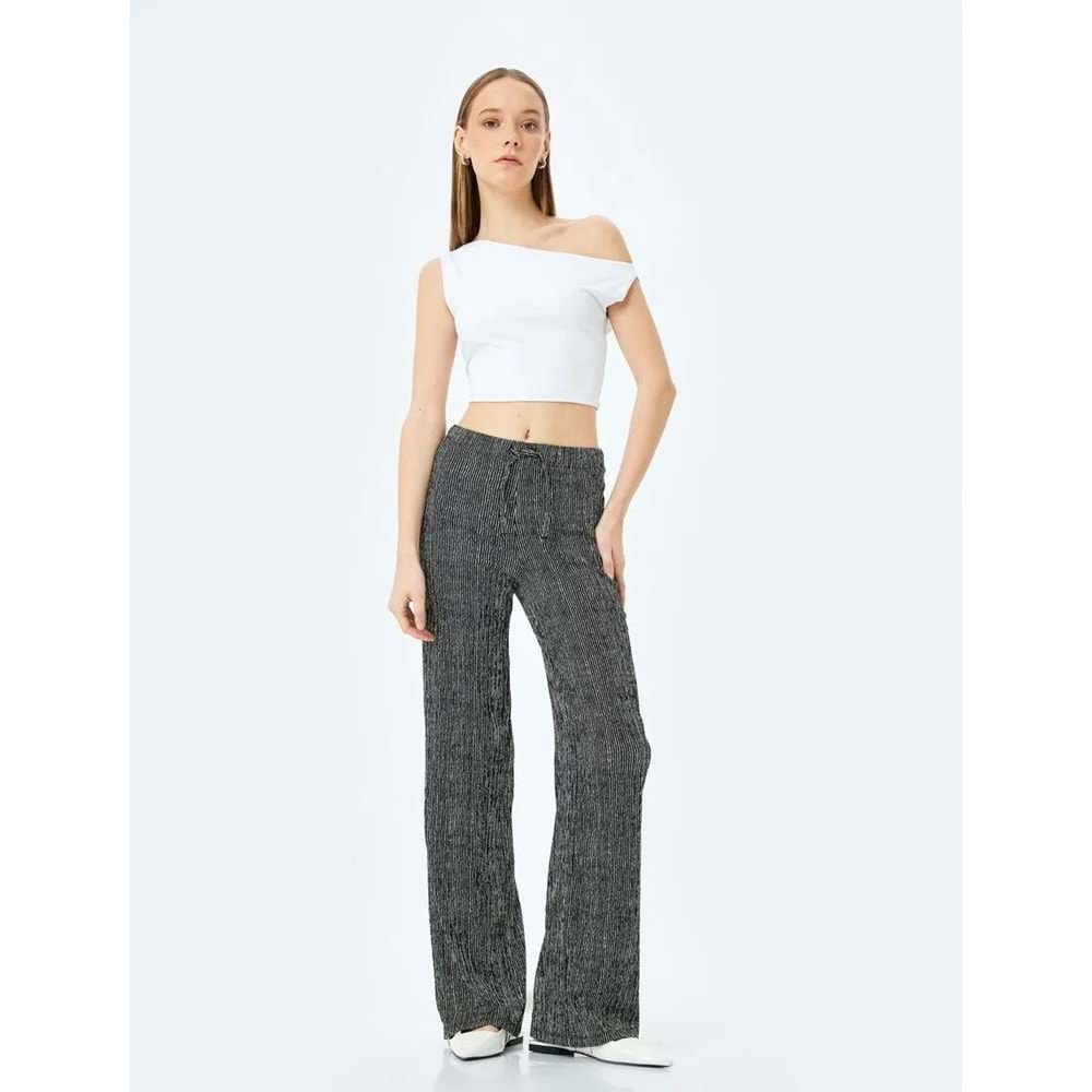 Beli Bağcıklı Geniş Paça Pantolon 5SAL40013IK - KOTON - Siyah Desenli - S