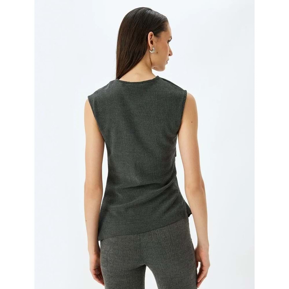 Yuvarlak Yaka Drape Detaylı Asimetrik Kolsuz Tişört 5SAK50005EK - KOTON - ANTRASİT - M