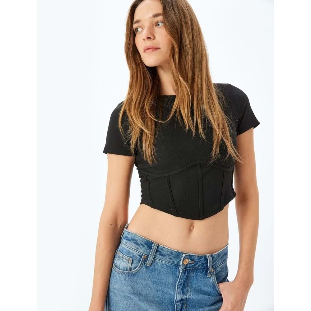 Korse Detaylı Crop Fitilli Tişört 5SAK50006EK - KOTON - SİYAH - M