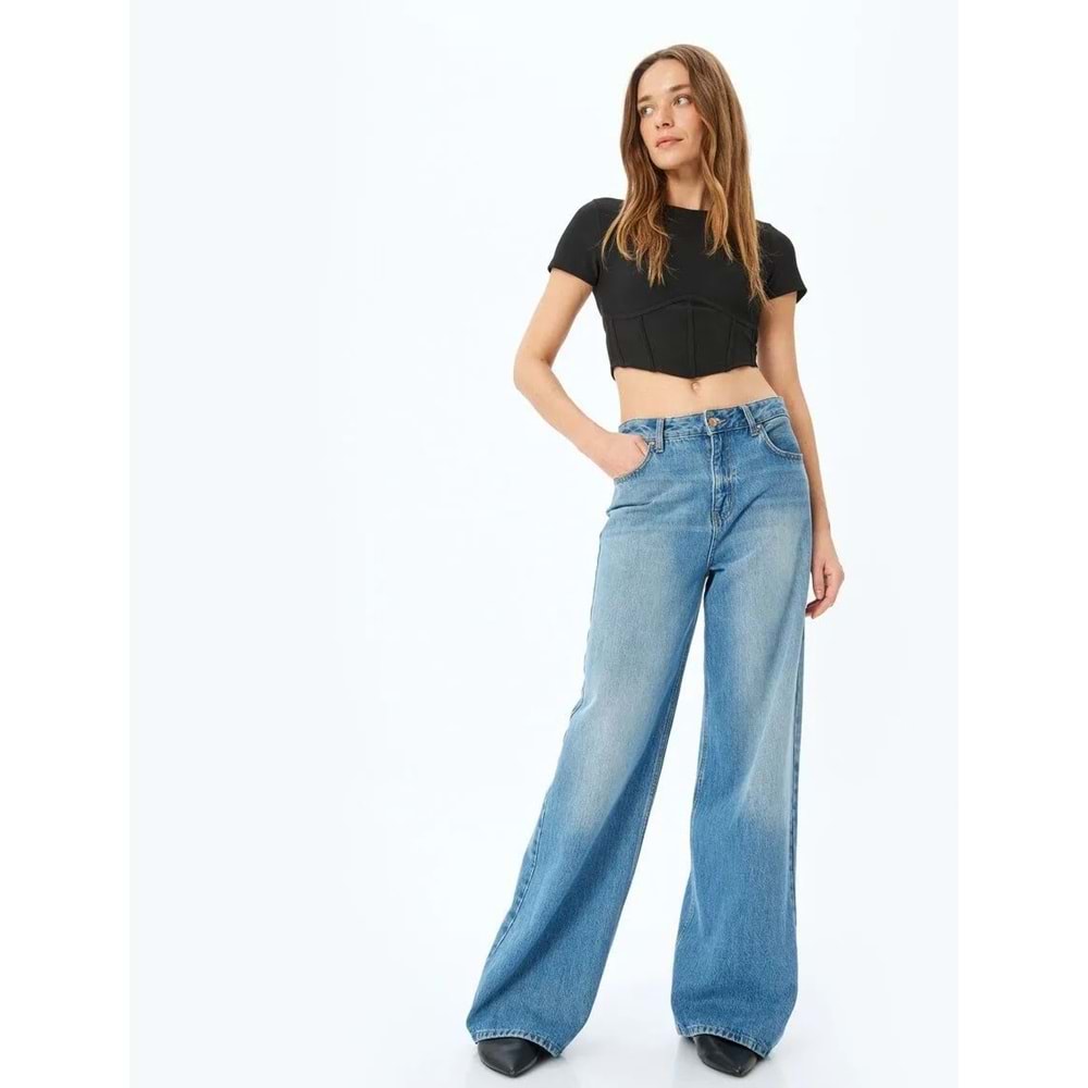 Korse Detaylı Crop Fitilli Tişört 5SAK50006EK - KOTON - SİYAH - M