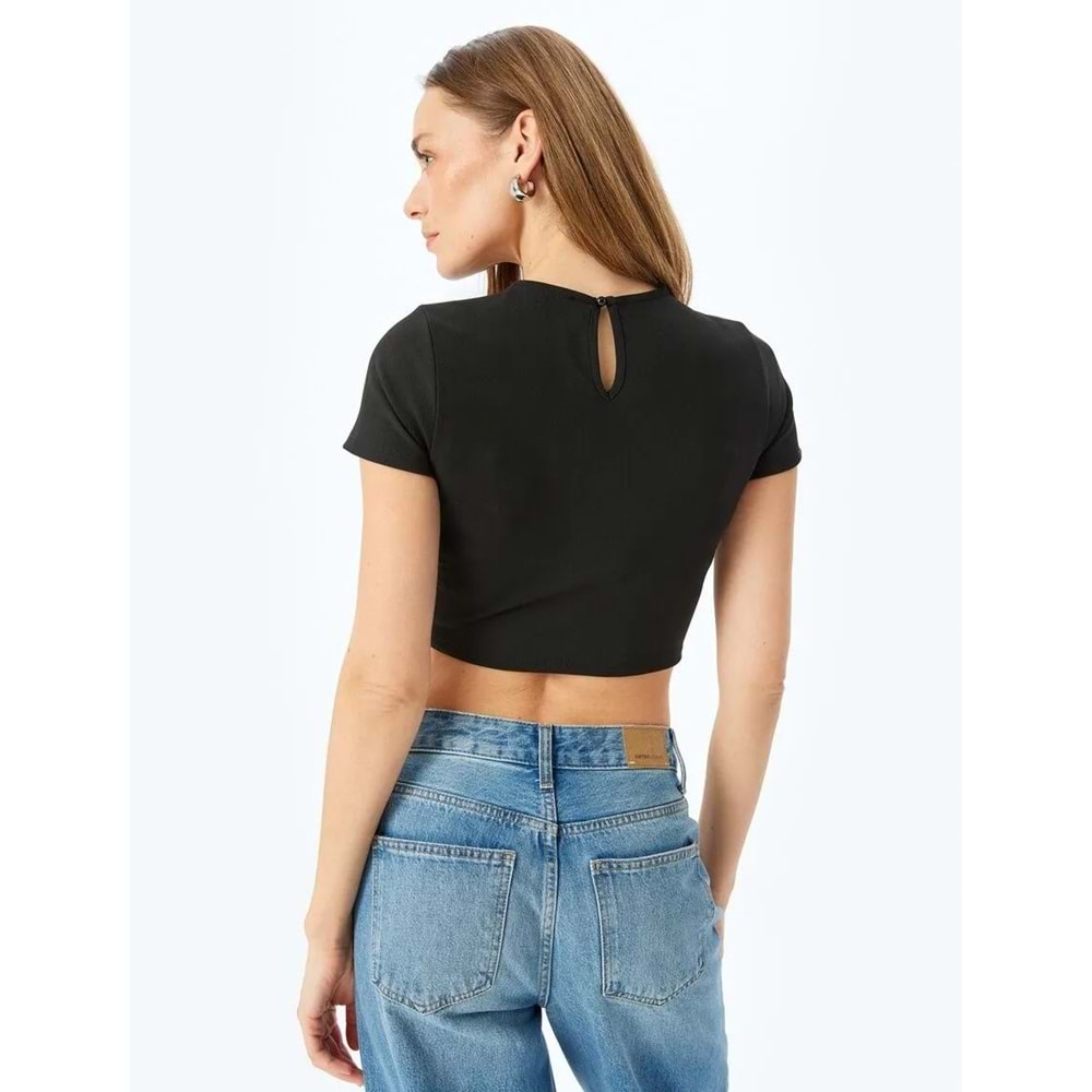 Korse Detaylı Crop Fitilli Tişört 5SAK50006EK - KOTON - SİYAH - M