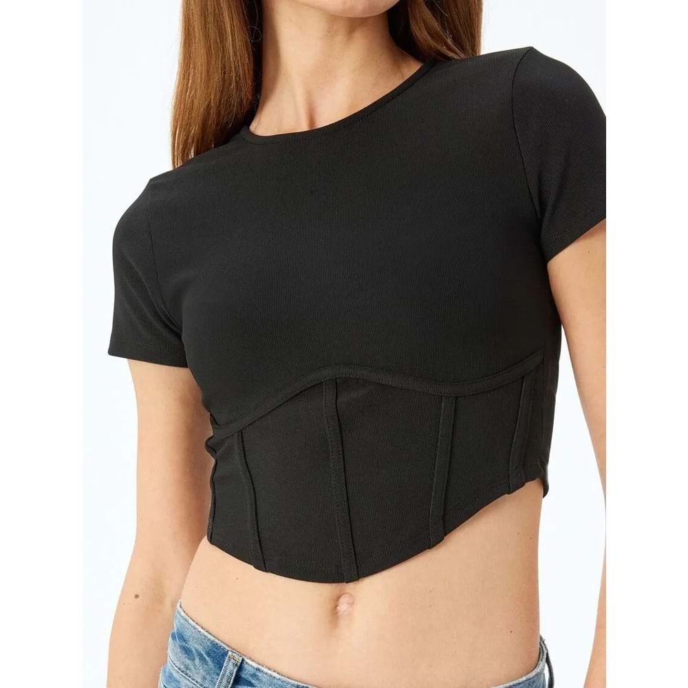 Korse Detaylı Crop Fitilli Tişört 5SAK50006EK - KOTON - SİYAH - M