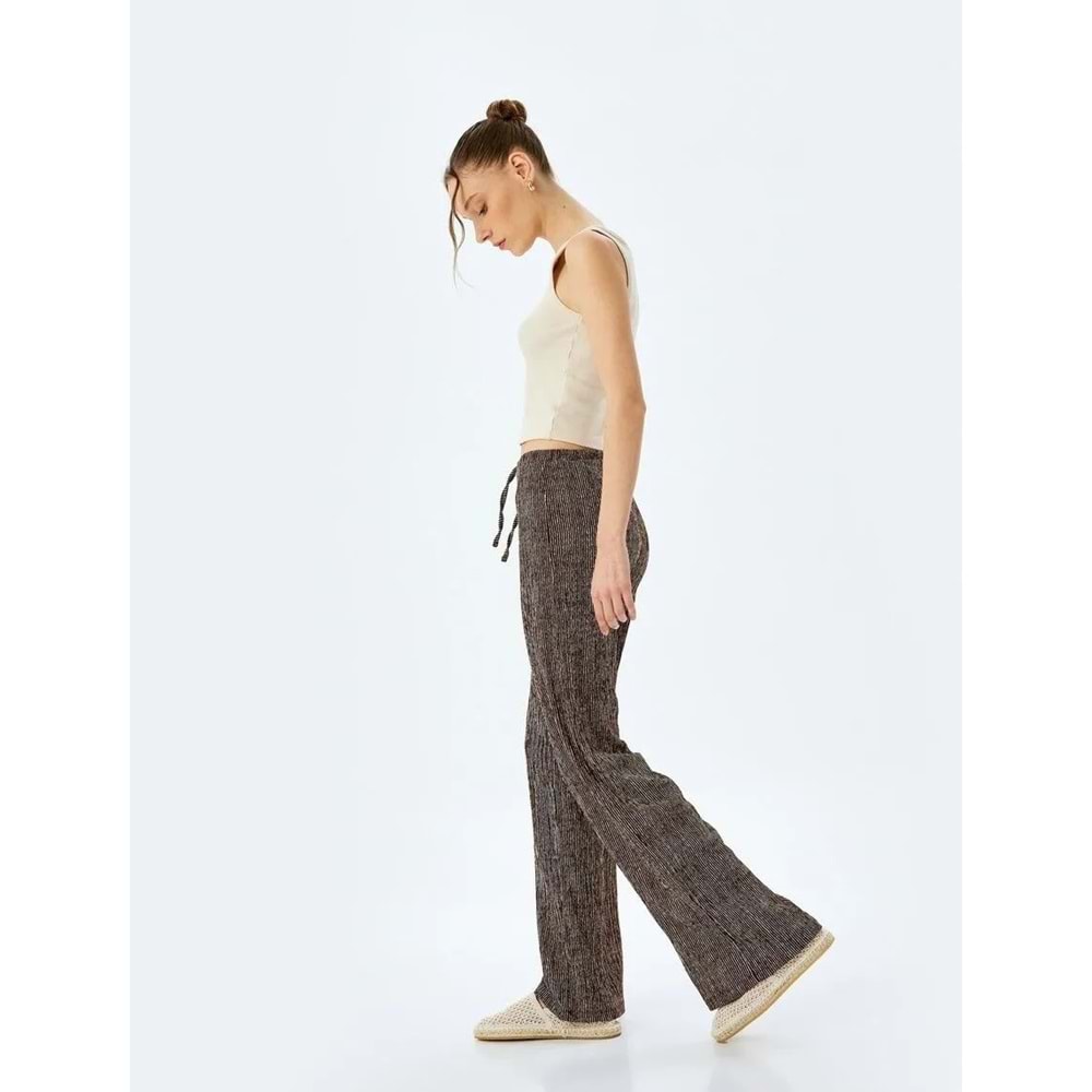 Yüksek Bel Geniş Paça Çizgili Pantolon 5SAL40051IK - KOTON - KAHVERENGİ ÇİZGİLİ - XS