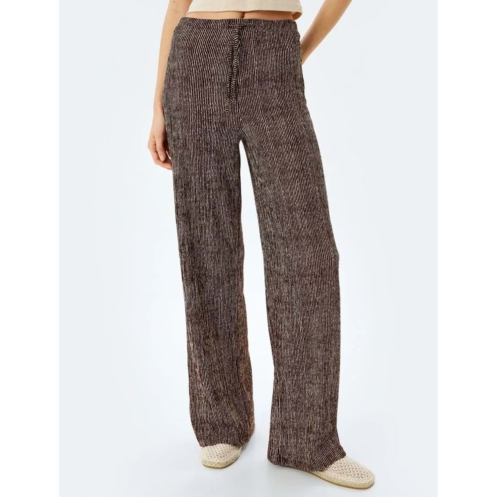 Yüksek Bel Geniş Paça Çizgili Pantolon 5SAL40051IK - KOTON - KAHVERENGİ ÇİZGİLİ - XS