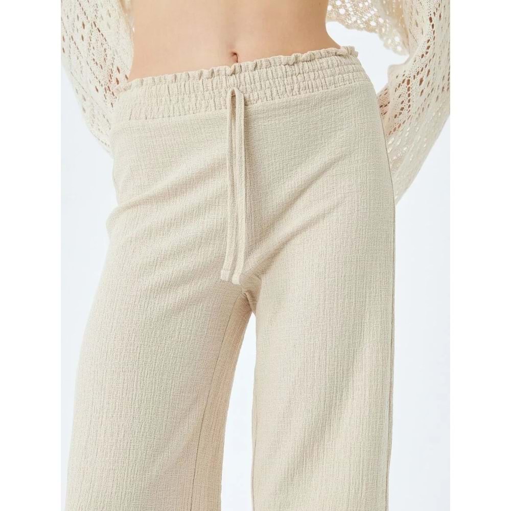 Gipeli Yüksek Bel Geniş Paça Bağcıklı Pantolon 5SAL40066IK - KOTON - BEJ - M