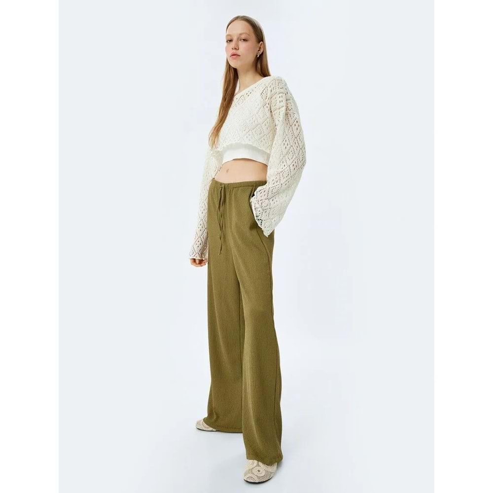 Yüksek Bel Geniş Paça Beli Bağcıklı Pantolon 5SAL40073IK - KOTON - HAKİ - M