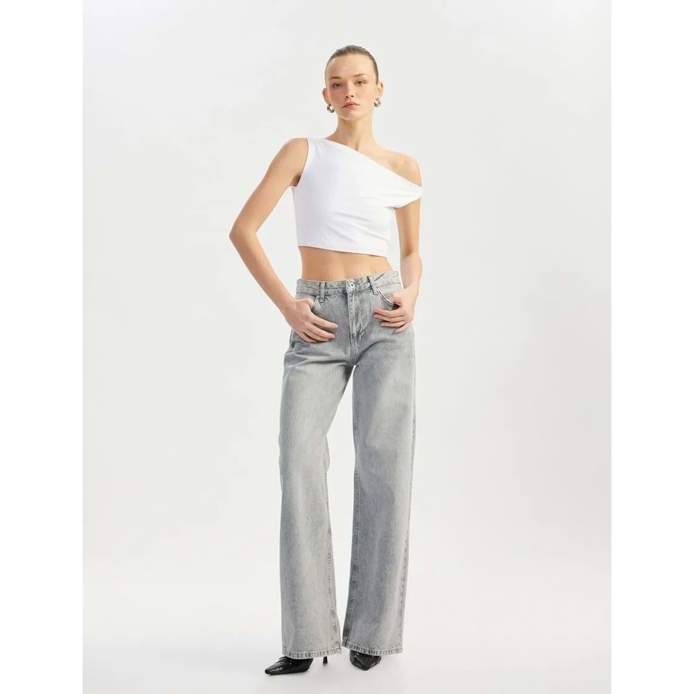 Yıkamalı Geniş Paça Rahat Kalıp Denim Pantolon 5SAL40142MD - KOTON - GRİ - 26/32