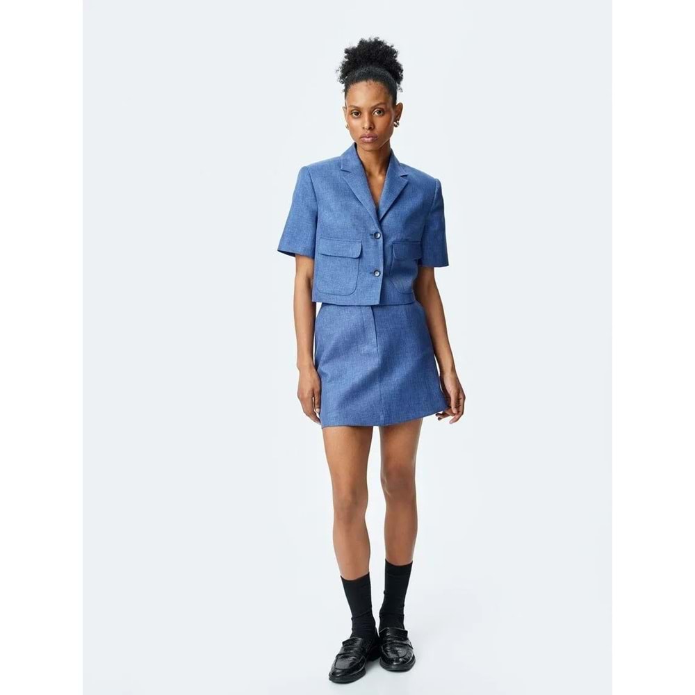Kruvaze Kısa Kollu Crop Ceket 5SAK50075UW - KOTON - İNDİGO - 42