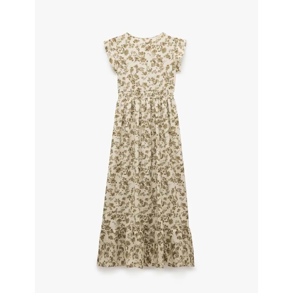 Kelebek Kol V Yaka Çiçekli Gipeli Volanlı Uzun Elbise 5SAL80043IK - KOTON - HAKİ DESENLİ - L