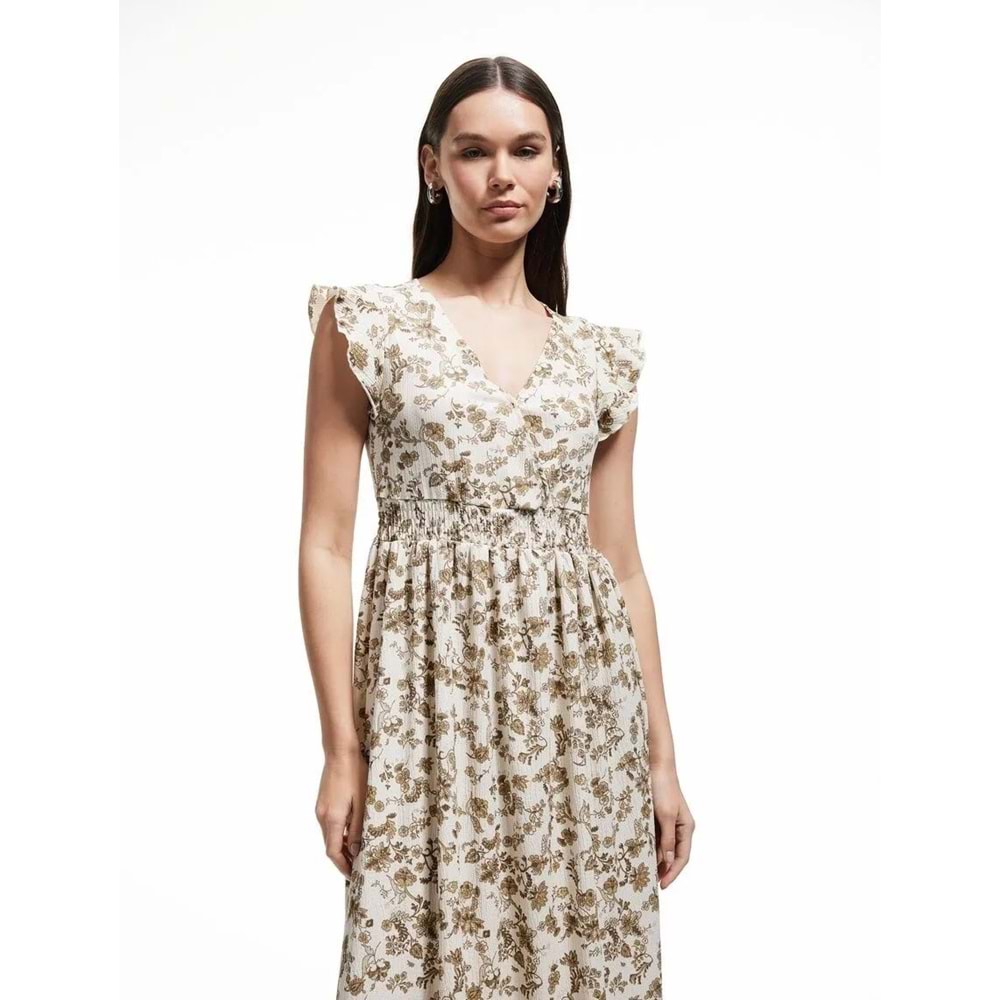 Kelebek Kol V Yaka Çiçekli Gipeli Volanlı Uzun Elbise 5SAL80043IK - KOTON - HAKİ DESENLİ - L